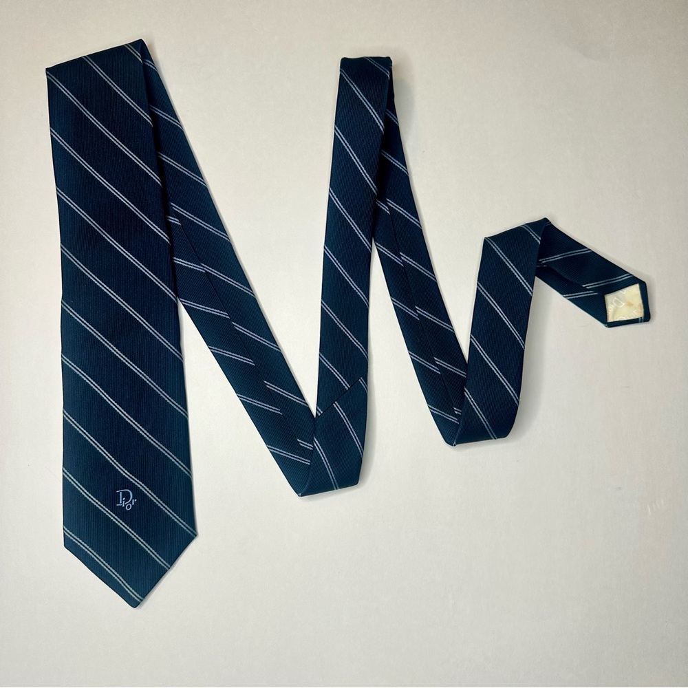 Vintage DIOR Embroidered Navy Blue Striped Classic Tie, 3” - Picture 6 of 6